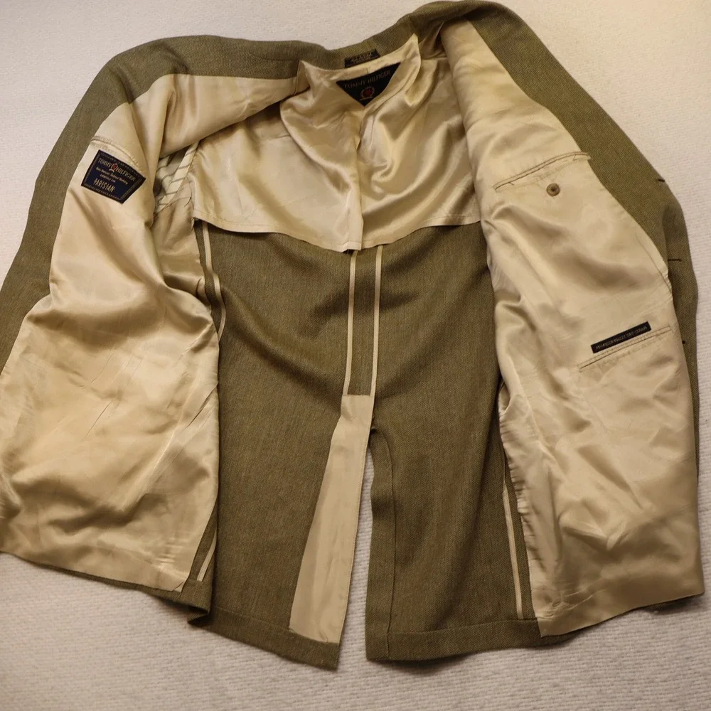 Tommy Hilfiger Mens 44L Blazer Olive Green Three Button Sport Coat USA Made Vtg